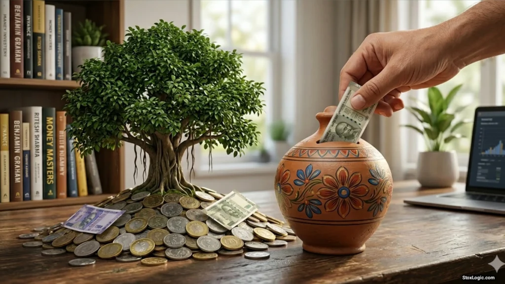 SIP investment concept in Hindi with clay pot and money for stoxlogic.com"